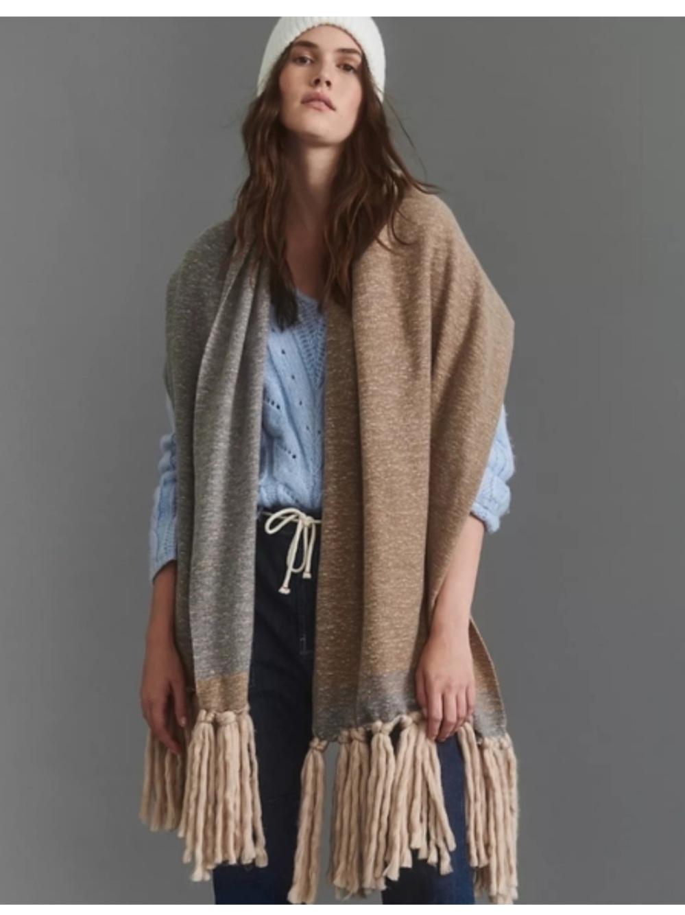 Anthropologie Beige and Gray Cozy Fringed Throw Scarf
